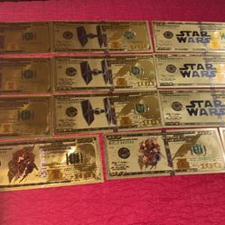 15 piece 24 K gold foil Star Wars collectible banknotes.  Mint.