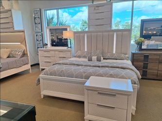 White Queen Bedroom Set with Upholstered Headboard $50 Down