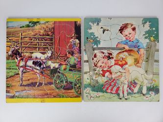 Vintage Children's Jigsaw Puzzles - Farm Scene & Girl with Lamb