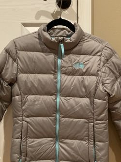 Girls North Face Winter Jacket Gray with Light Blue Size Large