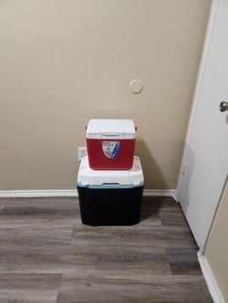 Nice coolers—both for $20. The handle on the blue one doesn't lift up.