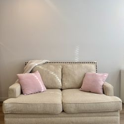 Modern Beige Loveseat w/ Nailhead Trim – Apartment Size