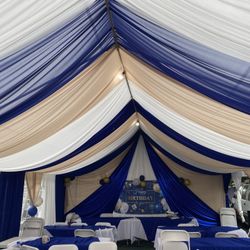 Backdrops—-balloongarland——centerpieces——tablecloth—-draping——tent—-chairs——-