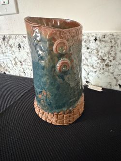 Rough and Beautiful Art Studio Brown & Blue Textured Spiral Design Pottery Vase