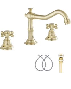 Bathroom Faucet 3-Hole Bathroom Sink Faucet With Pop-up Drain in Brushed Gold