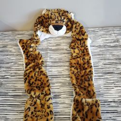 Leopard Plush Animal Hat with Hand Warming Pockets 