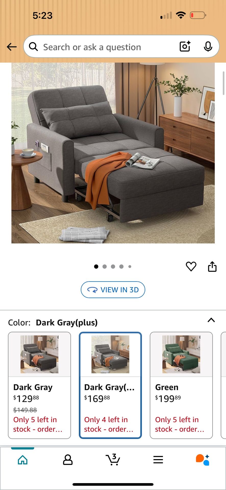 Aiho 34-Inch Sleeper Chair Bed, 3-in-1 Convertible Sofa Bed with Adjustable Backrest for Living Room or Apartment (Dark Gray)