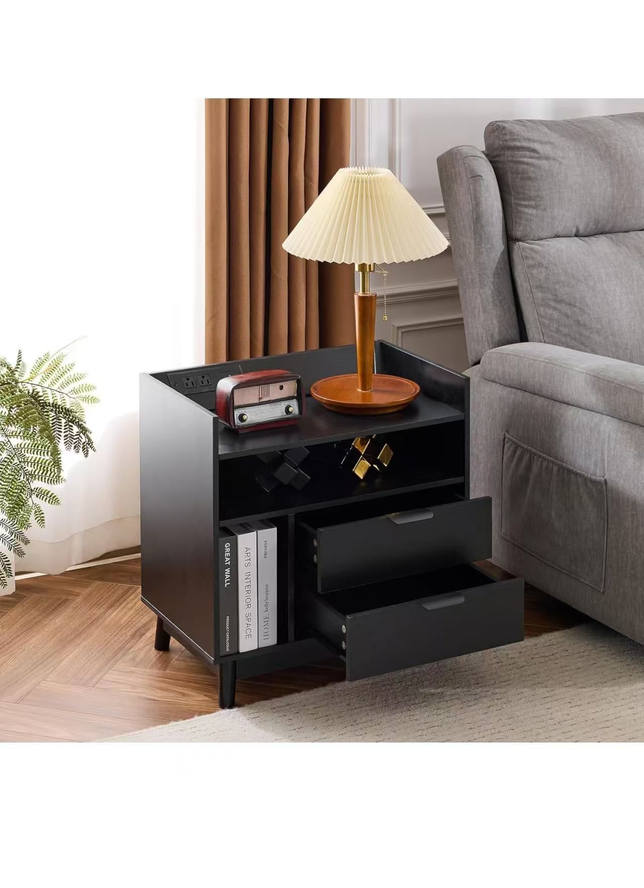 Black Nightstand with Charging Station，