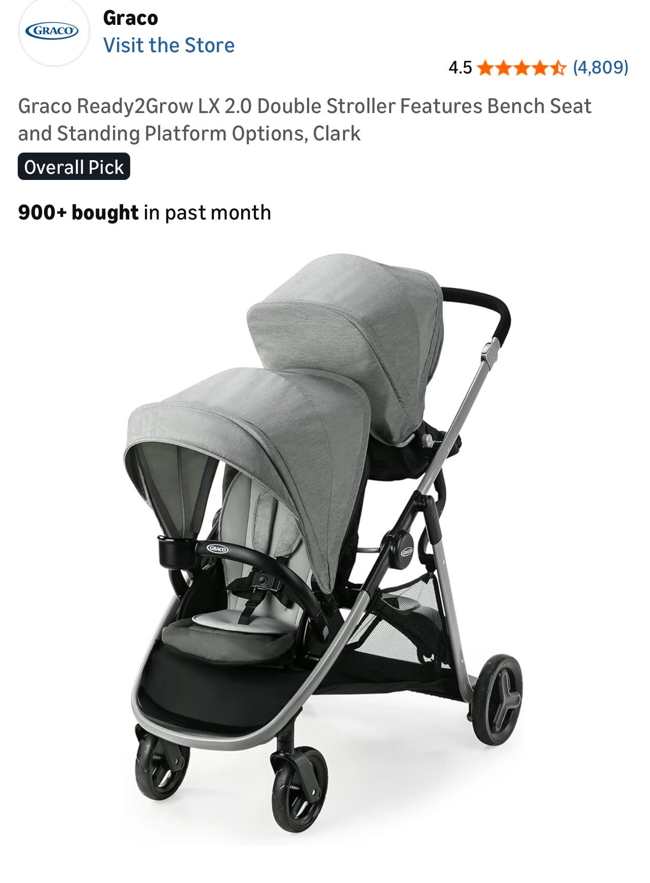 Graco Ready2Grow LX 2.0 Double Stroller Features Bench Seat and Standing Platform Options, Clark
