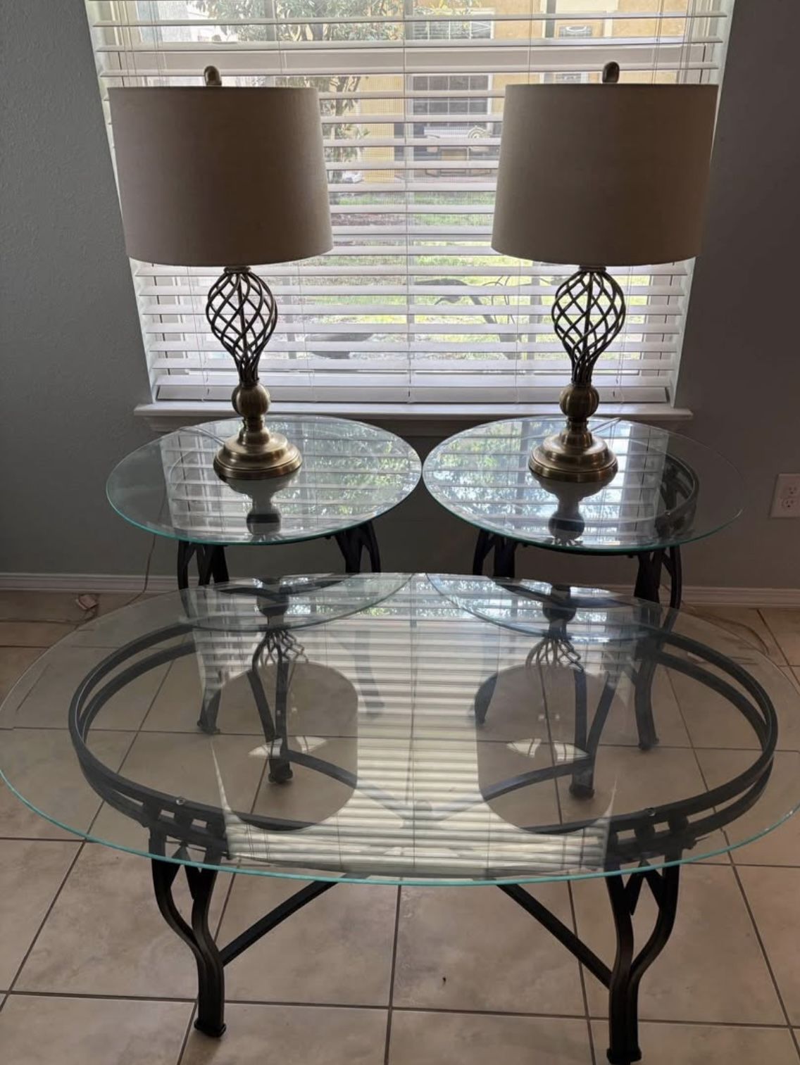 Glass Coffe Table & End Tables With Lamps