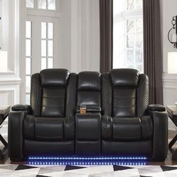 SPECIAL] Party Time Midnight LED Power Reclining Loveseat with Adjustable Headrest