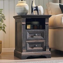 ES188 $50  Farmhouse Nightstand with Charging Station, 18" End Table with 2 Drawers Storage and 1 Storage Shelf, Wooden Sofa Side Table w/Roman Column