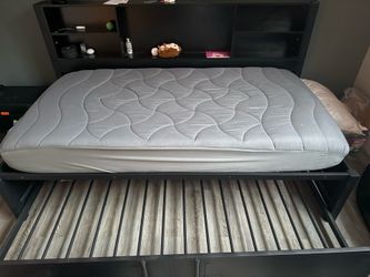 Twin Size Metal Platform Bed with Built-in Bookshelves, USB port & Trundle. Twin mattress included.