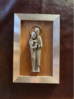 Vintage Religious Pewter Mary, Joseph & Baby Jesus Framed  made in Italy