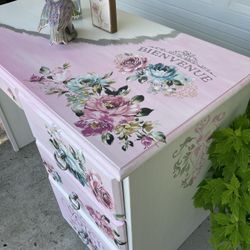 Solid Wood Desk Or Vanity Pink White Floral 