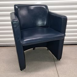 Vintage Leather Armchair – Barrel Shaped - Post-Modern Barrel  - (by Valdichienti) -  1980’s – Dark Blue - on Caster Wheels 