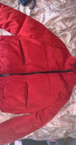 Red puffer jacket