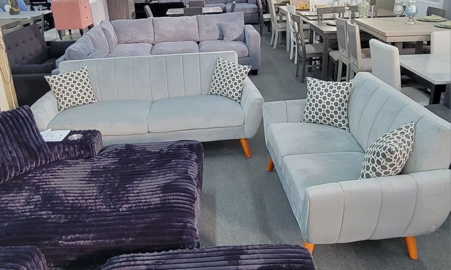 ✅️✅️2 pc light grey velvet fabric mid century modern sofa and love seat set Langley street wooten✅️✅️✅️