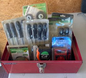 Tool box with screws drivers, mix small wire brushes, multi meter , tape measuring (2)