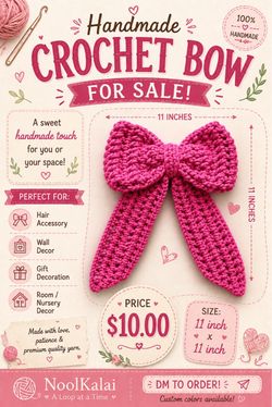 Handmade Crochet Bow 11x11 Inch Pink