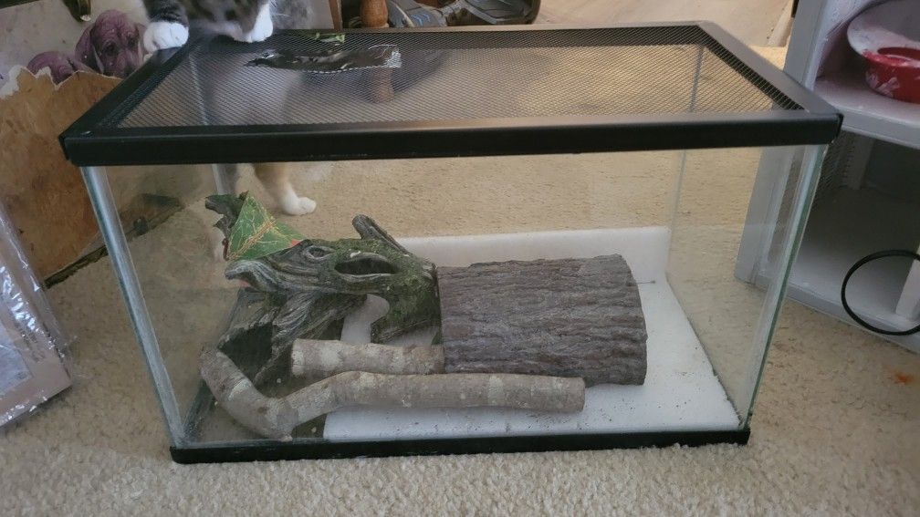 20 Gallon Aquarium With Lid And Reptile Decor 