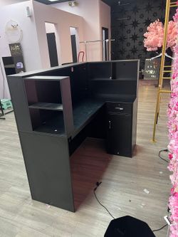 Black Reception Desk with Shelves and Cabinet