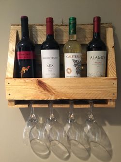 Wine Rack Handmade Reclaimed Wood Rustic Décor Natural Stain and Polyurethane Finish Holds 4 Bottles and 4 Glasses Wall Mount
