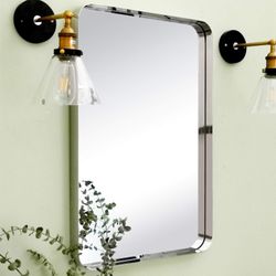 20x30 inch Chrome Metal Framed Bathroom Mirror for Wall in Stainless Steel Chrome Rounded Rectangular Bathroom Vanity Mirrors Wall Mounted…