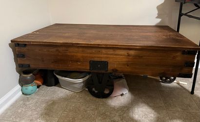 Rustic Industrial Coffee Table – Solid Wood + Metal Wheels