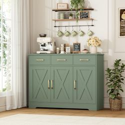HOSTACK Kitchen Buffet Cabinet with Storage, Sideboard Coffee Bar, Green | Farmhouse Kitchen Storage Cabinet with 3 Drawers & Adjustable Shelf, 42.5"W