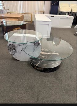 New 2 Tier Round Glass Coffee Table ITempered Glass Tabletop Faux Marble Base