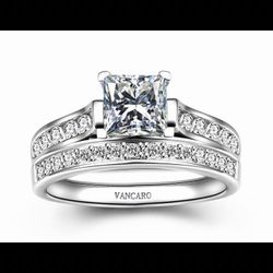 Woman’s 925 Sterling Silver Princess Cut White Sapphire Engagement Wedding Ring Set 