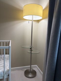 Modern Brushed Metal Floor Lamp with Dual Glass Shelves & USB Charging Port