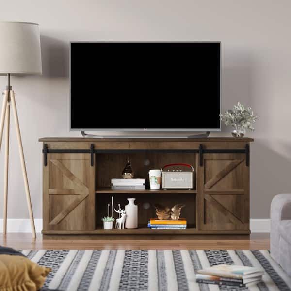 New TV Stand for TVs up to 65 Inch, with Sliding Barn Doors and Storage Cabinets, Console Table and Media Furniture for Living Room, 58 Inch  New in b