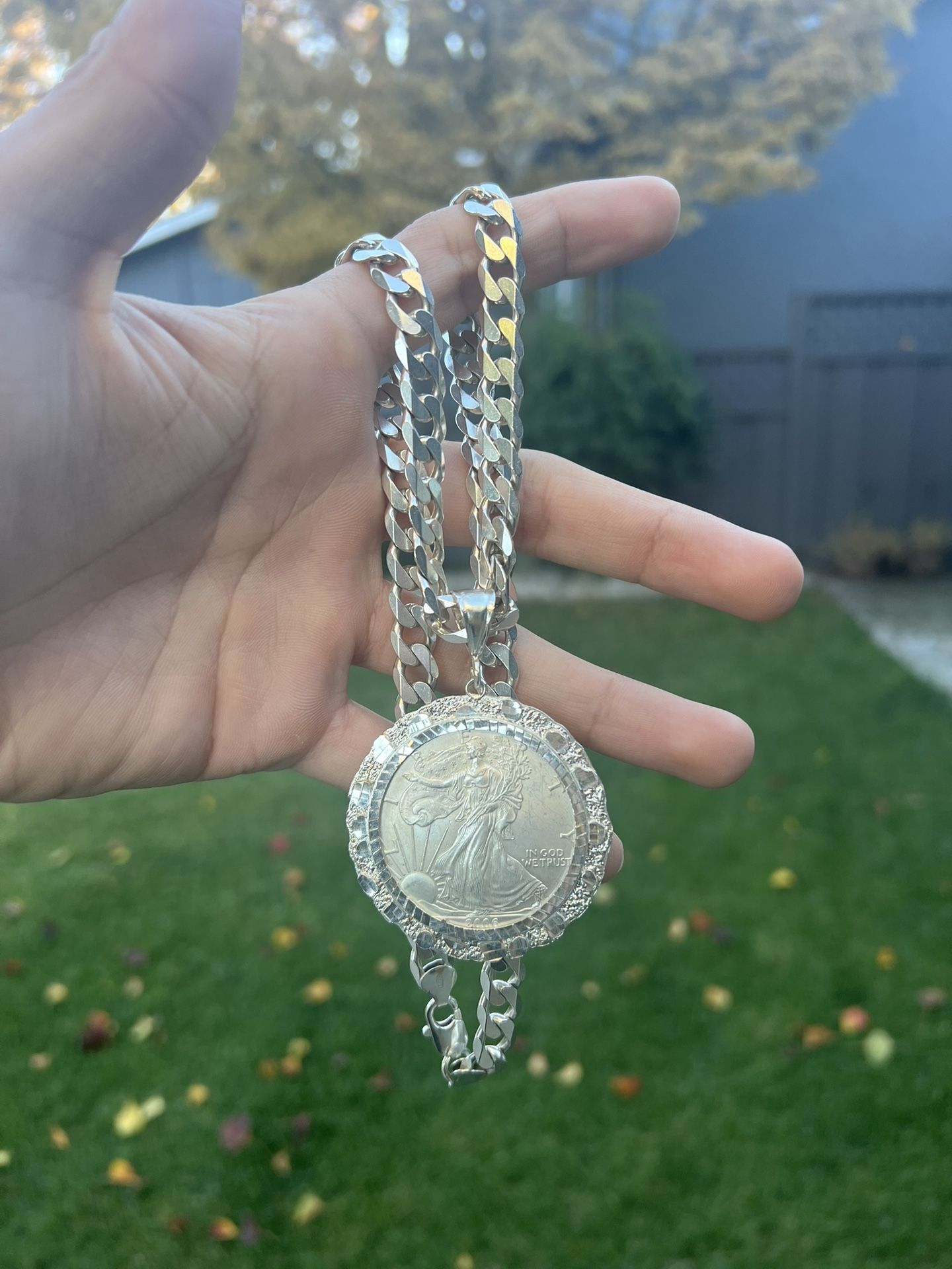 925 Silver Flat Cuban Link Chain With Coin Pendant (112.9g)