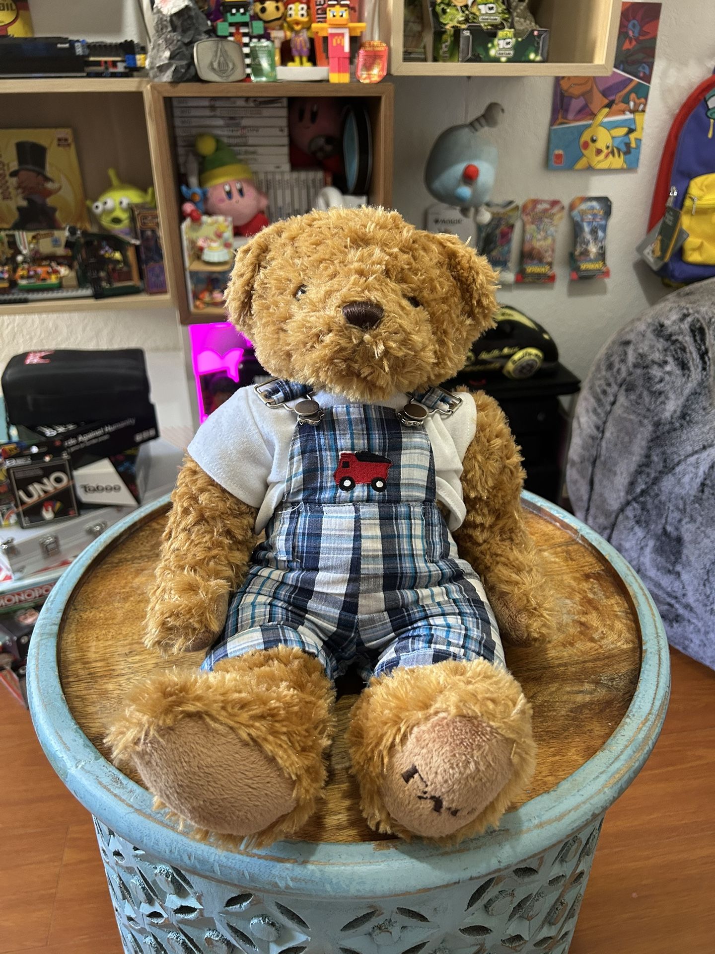 FAO Schwarz Brown teddy bear Plush Blue Plaid Bib Overalls 16” 2016