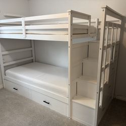 Twin Bunk Bed with Storage Stairs + Underbed Drawer – Excellent Condition