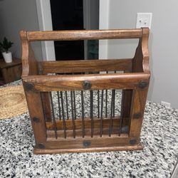 Vintage Wooden Magazine Rack With A Wrought Iron Base