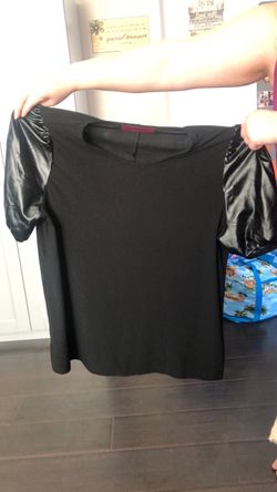 Black Top with Faux Leather Puff Sleeves