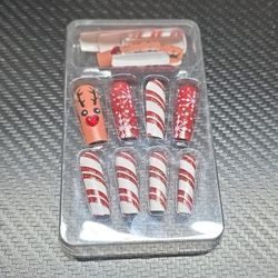 24 Pcs New Press-on Nails Fake False Christmas Reindeer Red Stripes 
