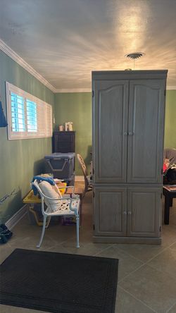 Large Washed Oak Wood Armoire Cabinet