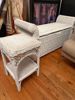 White Wicker bench wooden box and small table