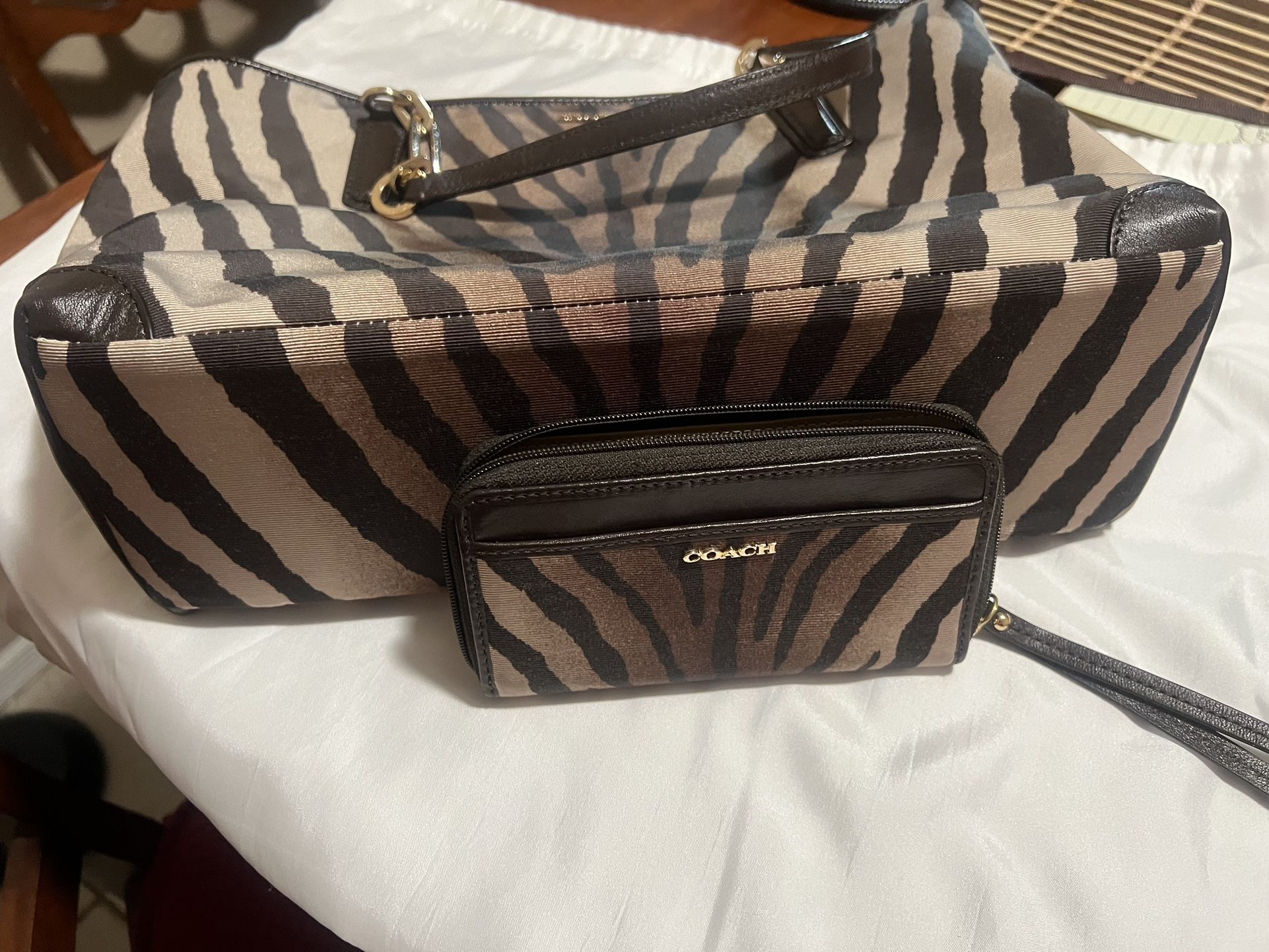 Coach Madison Zebra Print East/West Tote Bag and Wallet 
