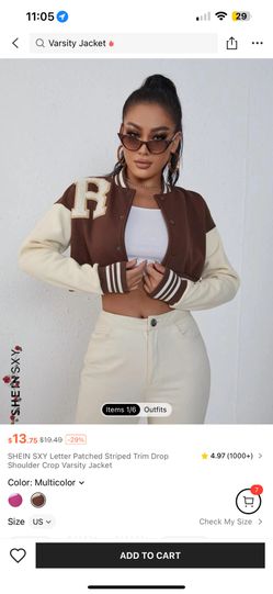 SHEIN SXY Letter Patched Striped Trim Drop Shoulder Crop Varsity Jacket