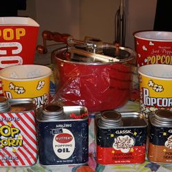 BRAND NEW, NEVER USED Whirley Pop Popcorn maker with Kernels, Oil, Toppings and 4 Popcorn Buckets