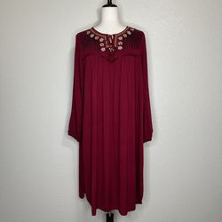 Dabenti Embroidered Sequins Burgundy Long Sleeves Midi Dress