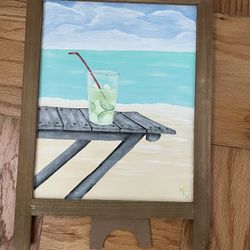 Hand Painted Beach With Table And Drink By Local Artist 
