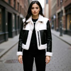DKNY Black And White Faux Fur And Leather Jacket 