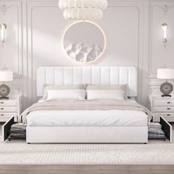 Platform Storage Bed White Metal Plus Wood Bed Frame King Platform Bed with Velvet Upholstered Headboard and 4-Drawers