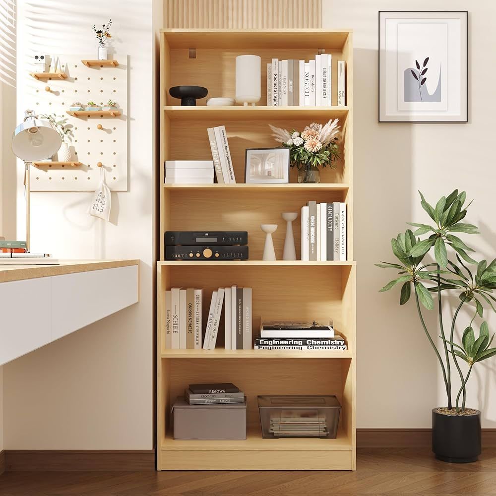 71" Tall Book Shelf, 5 Tier Large Bookshelf, Standing Wood Display Shelf for Living Room, Office, 31.5" W x 70.87" H x 15.7" D, Oak